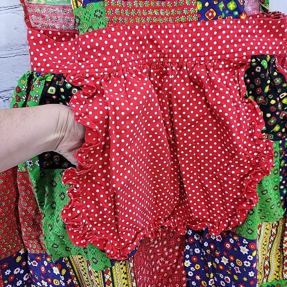 Vintage 70s Patchwork Apron Full Colorblock‎ Housedress Prairie Cottagecore Flaw